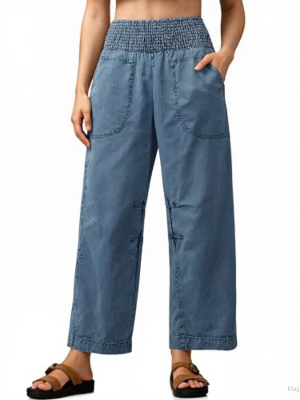 High Waist Baggy Smocked Pull On Barrel Leg Jeans